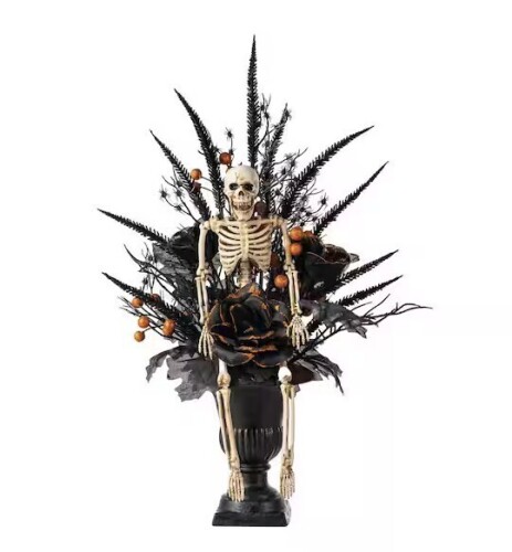 Glitzhome 22 in. H Halloween Black Rose, Skeleton and Berry Urn Table Tree New In Box $89