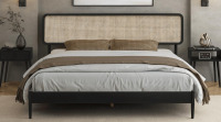 NTC Lupin Wooden Bed Frame with Headboard and Natural Rattan, Solid Oak Foundation with Silent Slats, 1000 Lb Capacity, Effortless Assembly, King - Burnt Black $499