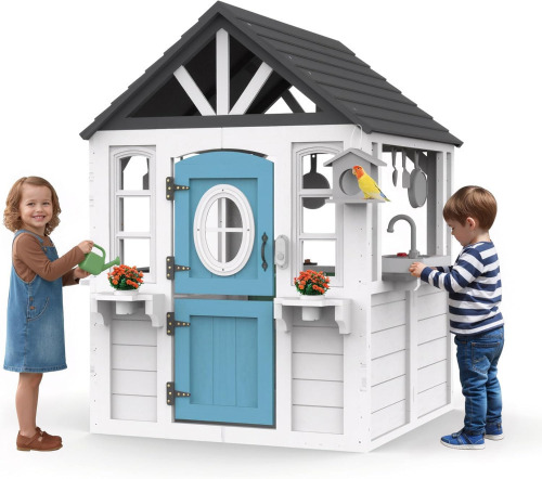 BTMWAY Kids Playhouse Outdoor,Cedar Wooden Play House for Kids Ages 3-6,with Dutch Door, Play Kitchen, Interactive Doorbell, Sink, Flowerpot, Birdcage Similar to Picture $399