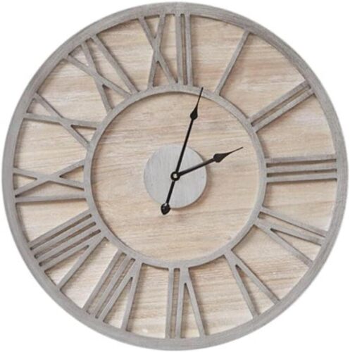 Madison Park Mason Farmhouse Wall Clock 23.6 Inch for Living Room, Wood/Metal D&eacute;cor Office Decoration, Quartz Battery Operated Easy to Read Roman Numeral, 23.6" Diameter, Natural/Grey New in Box $199