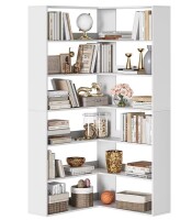 IdealHouse 71 inch Farmhouse 6 Tier L Shaped Corner Bookshelf Modern Wooden Etagere Storage and Display Rack for Living Room and Home Office white $499