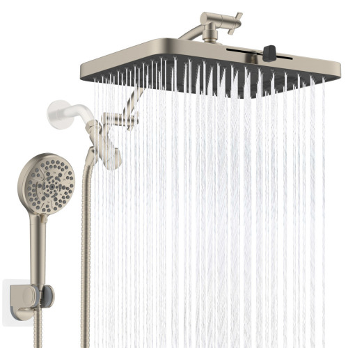 Hibbent cUPC Certified High Pressure 13-inch Rainfall Shower Head/ Handheld Shower Combo with 10-setting Handheld Sprayer, 12-inch Curved adjustable curved extension arm, 71-inch Stainless Steel Shower Hose, Brushed Nickel 12203540160F22 New Shelf Pull $1