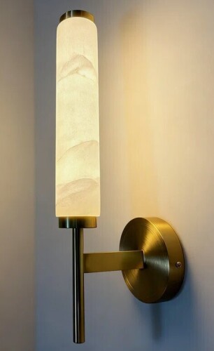 Hokku Designs Alabaster Wall Sconce - Built-In 5W LED Light Strip, Brass Fixture - Polished Brass Finish New In Box $399