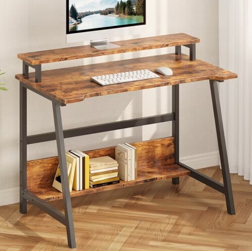 Dumos Computer Desk-32 Inch Home Office Desk with Storage Shelf, Laptop Gaming Desk with Monitor Stand, Modern Simple Style Laptop Desk (Brown/Black) New In Box $199