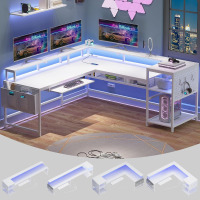 SEDETA L Shaped Gaming Desk, Reversible Computer Desk, Gaming Desk with Power Outlets & LED Strip, Monitor Shelf, Keyboard Tray, Pegboard and Storage Shelves for Home Office, White New In Box $299