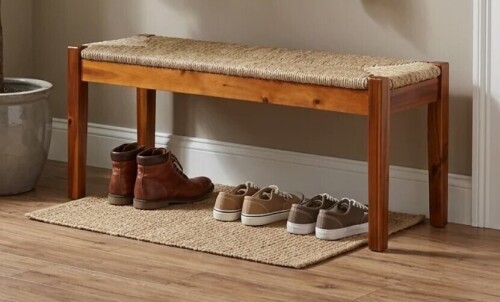 Gracie Oaks Aftyn Solid Wood and Hand-Woven Seagrass Entryway Bench New In Box $299