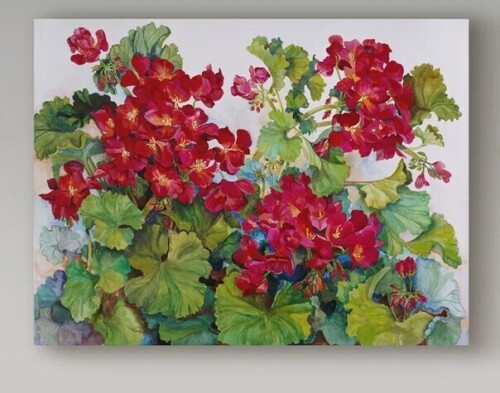 August Grove&reg; Deetra 'Deep Red Geraniums' Graphic Art Print on Wrapped Canvas, 24" x 36" New In Box $199