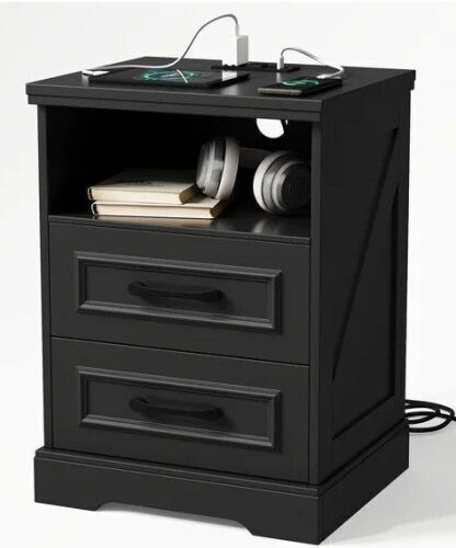 Latitude Run Farmhouse style, 2 drawer with charging station Nightstand (2 AC, 1 USB, 1 USB-C), Black New in Box $299