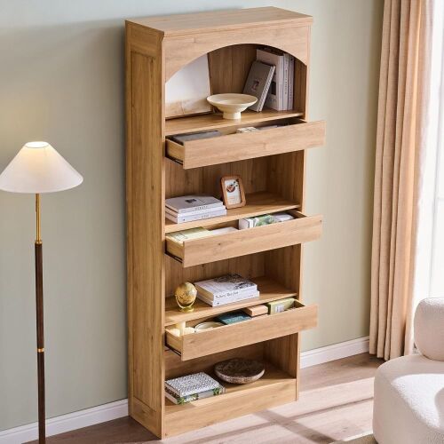 IFGET 76" Tall Arched Bookcase with 1PC Magnetic Lock Drawer, Modern Wooden Arch Bookshelf w/3 Pull-Out Drawers, Farmhouse 4 Tiers Book Shelf w/Open Shelves for Living Room, Office (Natural) New Open Box $399