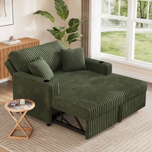 Latitude Run Rabbit Fur Corduroy Pull Out Sofa Bed Upholstered Chaise Lounge Couch in Green New in Box $799