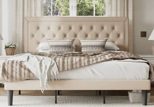 Mercury Row Hegg King Size Tufted Upholstered Platform Bed with Wood Slats Headboard Included in Beige New in Box $999