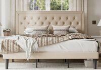 Mercury Row Hegg King Size Tufted Upholstered Platform Bed with Wood Slats Headboard Included in Beige New in Box $999