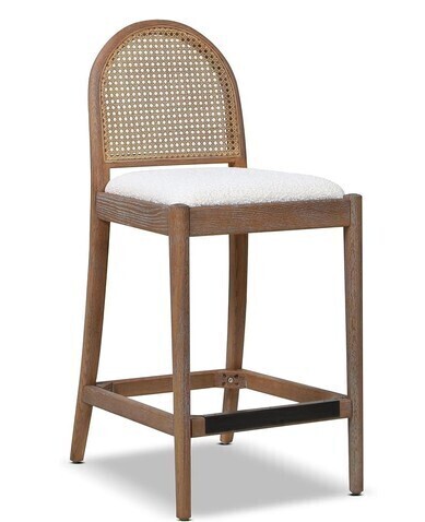Jennifer Taylor Home Panama 26.5" Curved Back Cane Rattan Counter Stool Ivory White Boucle New in Box $499