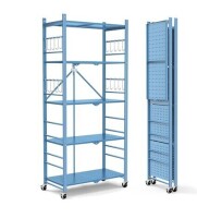 Himix Storage Shelves with 20 Hooks, 5-Tier Foldable Shelf for Storage, Folding Shelf Unit Pantry Shelves with Wheels, Standing Shelving Unit for Kitchen Garage Home Office Room Greenhouse, Blue New In Box $199