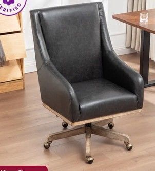 Red Barrel Studio Jamestown Genuine Leather Office Chair With Solid Wood Legs, Gray New in Box $699