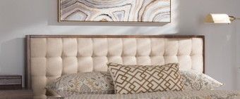 Corrigan Studios Soloman Mid-Century Modern Light Beige Fabric and Walnut Brown Finished Wood Queen Size Headboard New in Box $699