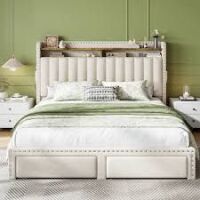 Snhomee Full Size Upholstered Bed Frame with Storage Headboard & 2 Drawers, 700 lbs Capacity, No Box Spring Needed, Noise-Free Padded Platform Bed - Beige New Open Box $499
