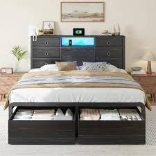 Snhomee Bed Frame with 8 Storage Drawers and Charging Station, Metal Platform Bed Frame with LED Lights and Headboard Storage, No Noise, Easy Assembly - Brown / Full?75.4L x 54.8"W x 43.3"H New in Box