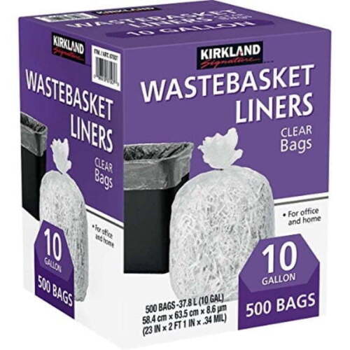 Kirkland Signature 10 Gallon Clear Wastebasket Liner, 500 Count / Simply Essential 11.8 Gallon Trash Can Liners, 60 Count New In Box Assorted
