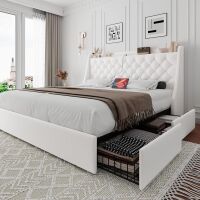 iPormis King Bed Frame with 4 Storage Drawers, Upholstered Platform Bed Frame with Type-C & USB Ports, Wingback Storage Headboard, Solid Wood Slats, No Box Spring Needed, Similar to Picture New Open Box $399