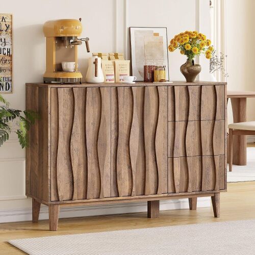 Maupvit Fluted Buffet Cabinet with Storage, 47.2" Sideboard Cabinet | with 3 Drawers and 2 Doors, Adjustable Shelf, Large Coffee Bar Station Table for Kitchen, Dining, Living Room, Brown $299
