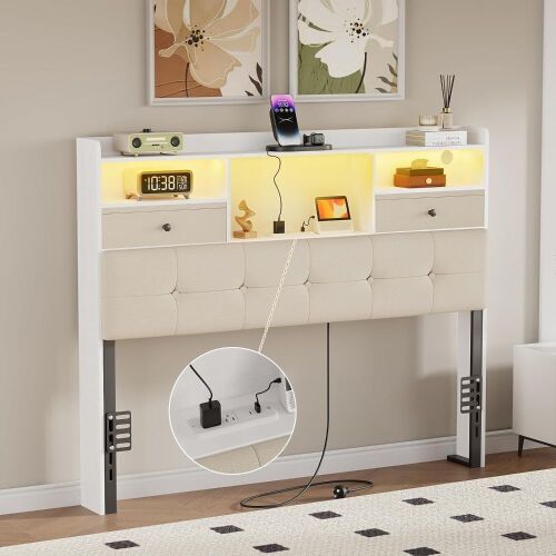 Halitaa Full Size Headboard with Storage, Full Headboard Only with 2 Drawers, Charging Station and LED Lights, Upholstered Headboards Easy Assembly, White&Beige New $399