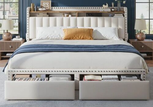 Red Barrel Studio&reg; Queen Size Francille Upholstered Bed Frame with 2 Drawers, 2-Tier Storage Headboard with Side Pockets New in Box $699