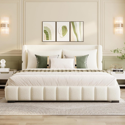 Virubi KingSize Upholstered Platform Bed with 2 Padded Large Pillows Headboard, Modern Soft Velvet Bed Frame with Stitching Details, Up to 500lbs, No Box Spring Needed in White New in Box $699