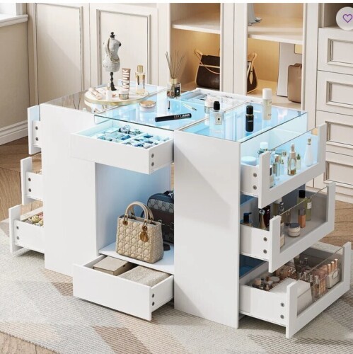 Rebrilliant Closet Island With 10 Drawers, Modern Island Dresser With Glass Top & Led Light, White New in Box $499