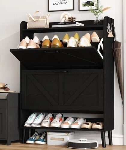 Gracie Oaks 24 Pair Shoe Storage Cabinet,Free Standing Tipping Bucket Shoe Rack Organizer with 2 Flip Drawers in Black New in Box $299
