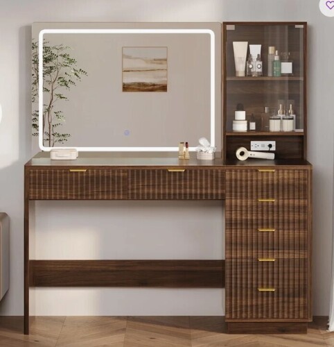 Gracie Oaks Fluted Makeup Vanity Desk With Large Mirror And Lights, Makeup Vanity With 7 Drawers & Glass Cabinet, Vanity Table With Charging Station,Storage Shelves, 47.4" Modern Dressing Table in Dark Oak New Open Box $499