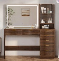 Gracie Oaks Fluted Makeup Vanity Desk With Large Mirror And Lights, Makeup Vanity With 7 Drawers & Glass Cabinet, Vanity Table With Charging Station,Storage Shelves, 47.4" Modern Dressing Table in Dark Oak New Open Box $499