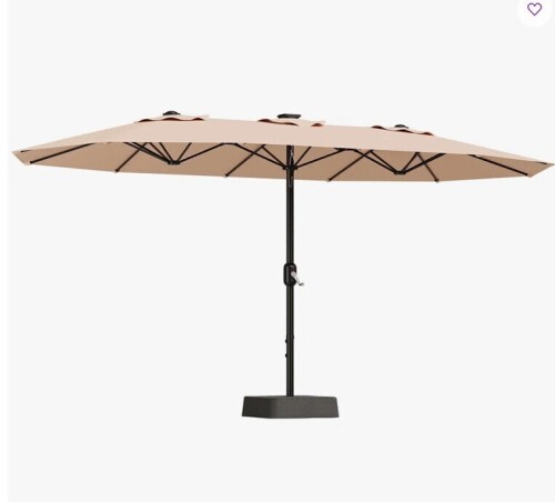 Latitude Run 15FT Double-Sided Rectangle Patio Umbrella with Base &ndash; Outdoor Market Sun Shade &ndash; UV-Resistant, Waterproof Polyester Canopy, Crank Handle &ndash; For Poolside, Backyard, Garden Table &ndash; Beige New in Box $299