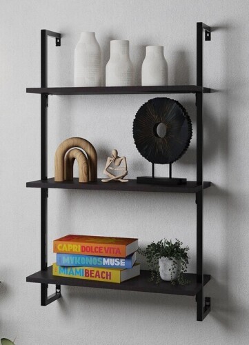 happimess Madera 40.55" Classic Industrial 3-Shelf Wood Wall-Mounted Open Ladder Bookcase with Metal Frame, Black New in Box $299