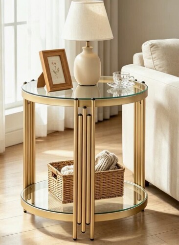 Wrought Studio&trade; Harp-Style Legs Round Glass Side Table, 19.7" 2-Tier End Table, Tempered Glass End Table New In Box $299