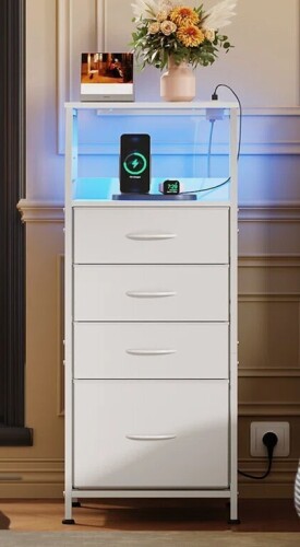 Wrought Studio&trade; Travison 37" Tall 4-Drawer Nightstand with Charging Station, Smart LED Nightstand with Built-in USB & AC Outlets, White Bedside Table with Open Storage Shelves for Bedroom New In Box $299