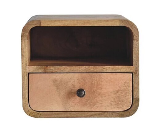 Artisan Furniture Solid Wood Extra Mini Wall Mounted Curved Oak-ish Bedside with Open Slot New In Box $299