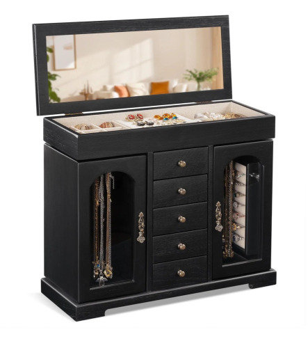 Sfugno Jewelry Box for Women Girls, Wooden Jewelry Organizer Box with Mirror, 5 Layer Jewelry Storage Case, Black $99