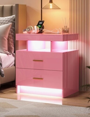 Wade Logan Ashten 19.69" W 2-Drawer Nightstand with USB Port and LED Light New in Box $299