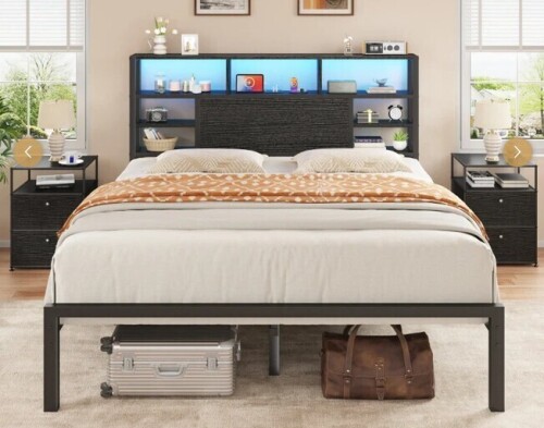 Homkdom King Bed Frame with Storage Headboard, LED Lights & Charging Station Heavy Duty Metal Platform Bed for Bedrooms, 1100 LBS Capacity, No Box Spring Needed, Easy Assembly, Black New In Box $599
