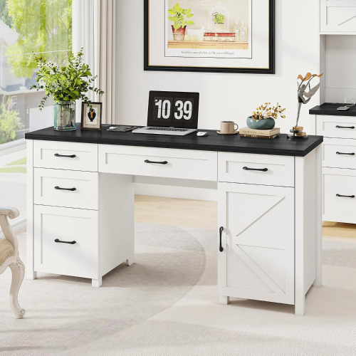 Drefure Farmhouse 61'' Executive Desk with 5 Drawers, Rustic Office Desk Computer Desk with Charging Station, File Drawers and Storage Cabinet, Wood Workstation for Home Office and Study, Black New In Box $399
