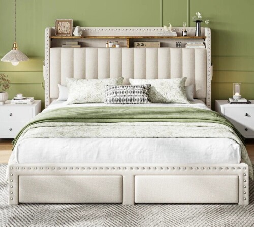 Snhomee Full Size Upholstered Bed Frame with Storage Headboard & 2 Drawers, 700 lbs Capacity, No Box Spring Needed, Noise-Free Padded Platform Bed - Beige New In Box $499
