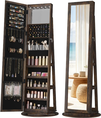 LVSOMT Mirror Jewelry Cabinet Standing, 360&deg; Swivel Jewelry Armoire with 6 LED Lights and Interior Mirror, Full Length Mirror with Storage, Standing Lockable Jewelry Organizer, Retro Brown New In Box $299