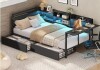 Sthyton Twin Corner Bed Frame with Desk, 2 Drawers and Storage Bookcase, Metal Platform Bed with Charging Station and LED Lights, Twin Daybed with Upholstered Headboard, for Kids Bedroom, Black New In Box $399