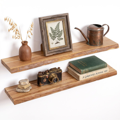 August Grove&reg; 36" Reclaimed Live Edge Wall Floating Shelves, Rustic Wood Wall Mount Storage & Display Shelving (Set of 2) New in Box $299