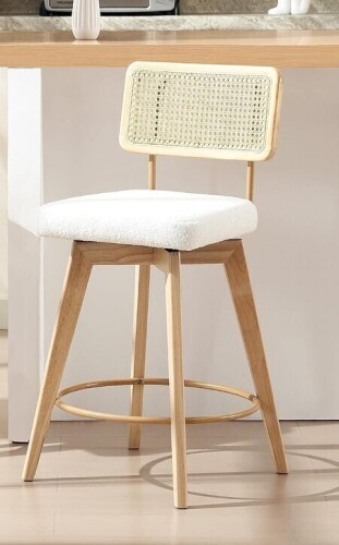 Zesthouse Rattan Back Breakfast Bar Stool, 66.5CM Boho Upholstered Swivel Barstool, Modern Kitchen Chair with Wood Legs for Island Home, White Boucle New In Box $299