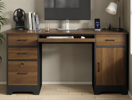 17 Stories 59&rdquo; Industrial Executive Desk with Outlet,Computer Desk Office Desk with Keyboard Tray and Locked Drawer&Large Storage Cabinet New in Box $399