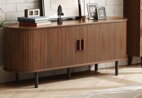Ebern Designs Jalonda Modern Wood TV Stand with Storage and Shelves in Walnut New in Box $399