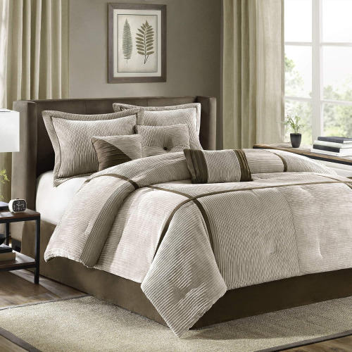 Madison Park Cozy Comforter Set Casual Blocks Design All Season, Matching Bed Skirt, Decorative Pillows, Cal King (104"x92"), Dallas Corduroy, Taupe Brown, 7 Piece New In Box $299