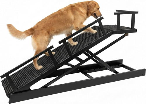 ZENTAVO 65" Foldable Dog Ramp for Bed, 6-Level Height Adjustable (13"-32.1") with Rest Platform, Carpet Surface Removable Washable Cover & Waterproof Backing, Safety Rails & Glow Strips, for Large Senior Dogs New In Box $299